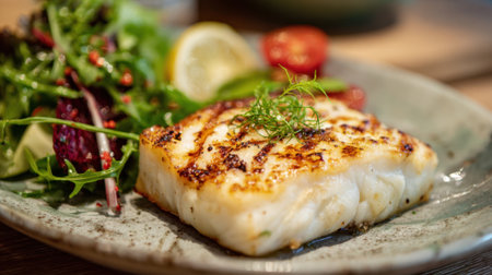 A beautifully cooked fish fillet is plated beside a vibrant salad and fresh lemon slices.の素材