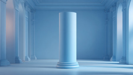 A tall blue column rises gracefully in a tranquil softly illuminated gallery enhancing the atmosphere.の素材