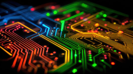 Brightly lit circuit board displaying intricate patterns colors and electronic elements at night.の素材