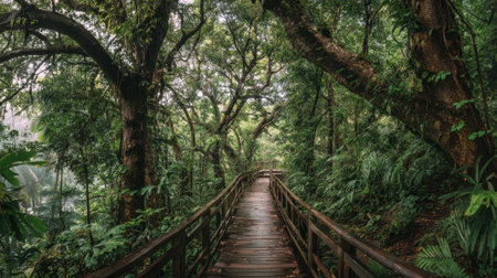 Walking along a wooden path in a tranquil forest surrounded by rich greenery and towering trees.の素材