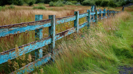 A rustic turquoise fence edges a field of golden grass under a clear sky at dusk.の素材