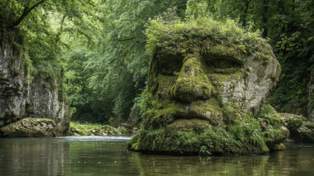 A large stone face covered in moss and plants rises from the river surrounded by lush trees and calm waters.の素材