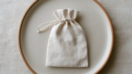 A linen pouch sits neatly on a plate offering a touch of simplicity and charm for gifting.の素材