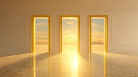 Golden door frames stand tall in a tranquil space inviting the warm glow of sunset.の素材