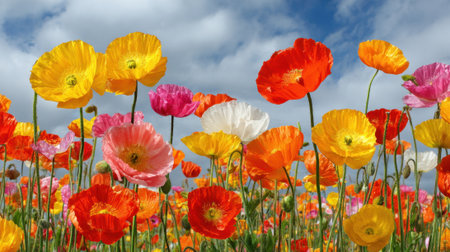 Brightly colored flowers dance in the gentle breeze beneath a clear sky filled with fluffy clouds.の素材