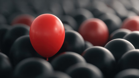 A bright red balloon rises above numerous black spheres catching the eye in a playful scene.の素材