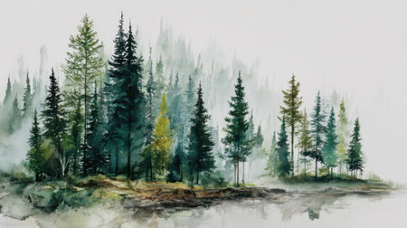 A serene forest scene showcases tall trees surrounding a still lake enveloped in gentle mist.の素材