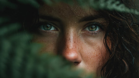 Deep green ferns surround captivating blue green eyes that gaze intently amidst nature.の素材