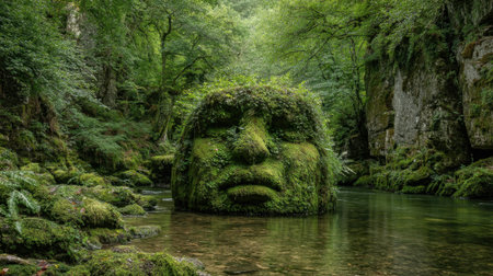 A serene scene unfolds as a large mossy sculpture rises from clear waters surrounded by dense greenery.の素材