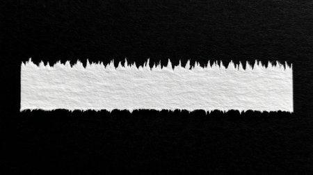 A torn strip of white paper lays flat against a deep black surface emphasizing its rough edges and texture.の素材
