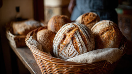Artisan loaves of bread fill a woven basket in a warm inviting kitchen setting.の素材
