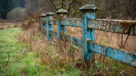 A rustic blue fence is covered in moss and stands in a field of tall grass reflecting natures beauty.の素材