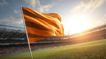 A vibrant orange flag flutters in the wind as fans cheer in the stadium under a glowing sunset sky.の素材