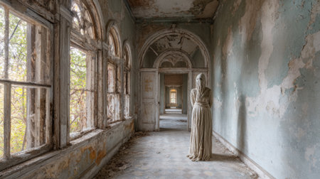 A ghostly figure draped in fabric silently occupies an old dusty hallway filled with forgotten history.の素材