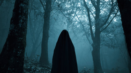 A shadowy figure stands still among tall trees in a foggy forest creating an eerie atmosphere.の素材