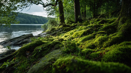 Soft moss covers the rocks by the lake bathed in gentle morning sunlight amidst trees.の素材