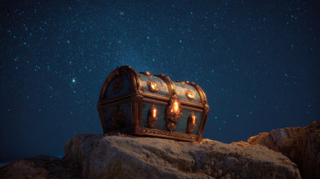 A beautiful treasure chest glows with light on a rocky shore beneath a star filled sky.の素材