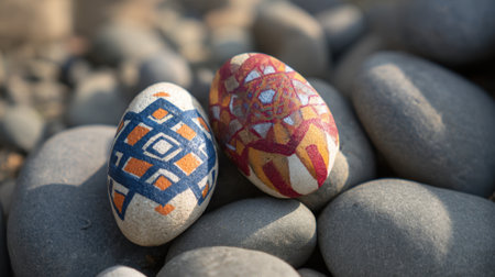 Beautifully painted stones showcasing vibrant patterns are nestled among smooth pebbles outdoors.の素材