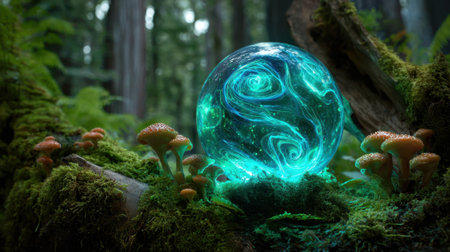 A glowing sphere rests on mossy ground surrounded by vibrant mushrooms in a peaceful forest.の素材