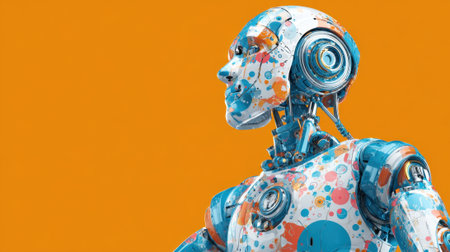 A colorful robot made of shiny metal displays vibrant patterns while standing against an orange wall.の素材