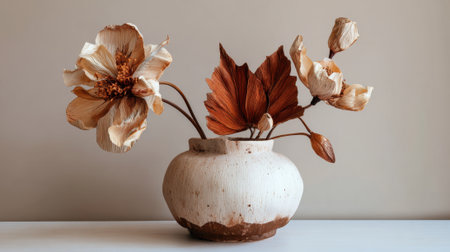 Beautiful arrangement of dried flowers and leaves in a unique handcrafted vase against a light background.の素材