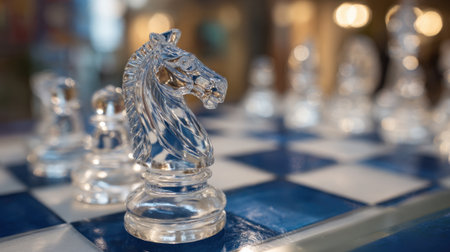 Intricate crystal chess pieces gather attention at a lively game session in a cozy indoor space.の素材