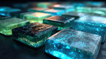 Close up view of beautifully arranged colored ice blocks showing glowing blues and greens on a dark surface.の素材