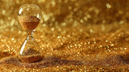 Hourglass filled with shimmering sand glows against a background of golden sparkle evoking tranquility.の素材