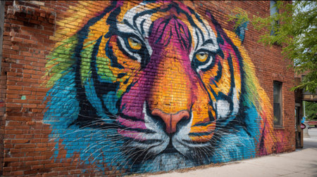 Colorful tiger mural adorns brick wall adding artistic flair and bright hues to the city streets.の素材
