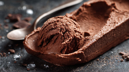 Rich chocolate ice cream sits invitingly in a rustic bowl ready to be enjoyed on a warm day.の素材