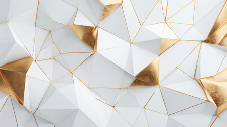 Geometric shapes interlock in a striking arrangement blending white surfaces with metallic gold elements to create a contemporary look.の素材
