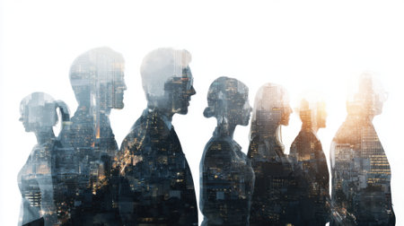 Silhouettes of diverse people face forward as a vibrant cityscape brightens behind them.の素材