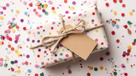 A beautifully wrapped gift with colorful dots sits on a table covered in bright confetti.の素材
