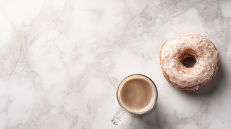 Enjoying a warm drink alongside a delicious glazed donut on a beautiful marble surfaceの素材