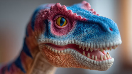 Brightly colored dinosaur toy showcases vibrant details with a soft light illuminating its features.の素材