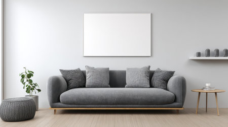 A stylish gray sofa sits in a modern living room with a simple design and soft lighting.の素材