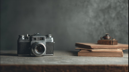 A silver vintage camera sits on a weathered wooden table next to old notebooks and a classic clock.の素材