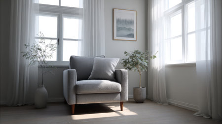 A soft armchair is positioned in a bright and airy room with potted plants and natural light.の素材