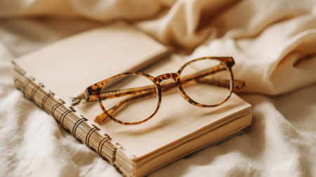 A pair of stylish glasses sits on an open notebook surrounded by soft fabric creating a warm atmosphere.の素材