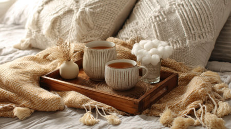 Two textured mugs hold warm tea on a wooden tray surrounded by soft textiles and charming decor.の素材