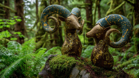 Lush green forest surrounds two beautiful rams with intricate starry designs showcasing natures artistry.の素材