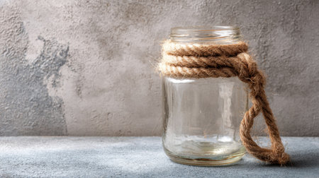 A glass jar tied with rustic twine sits on a smooth surface enhanced by gentle lighting and textures.の素材