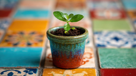 A young plant emerges from rich soil in a decorative pot adding life to a bright tiled area.の素材