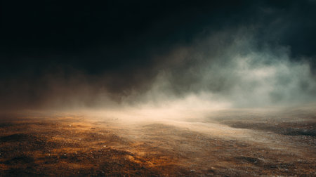 A thick mist envelops the ground creating a mysterious scene as dusk approaches.の素材