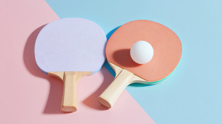 Two stylish ping pong paddles sit on a bright background with a white ball poised between them evoking fun.の素材