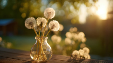 Soft dandelion fluffy heads bloom in sunlight resting in a clear vase on a warm tranquil evening.の素材