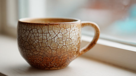 A beautifully cracked cup sits on a sunny windowsill calling for a warm drink and peaceful thoughts.の素材