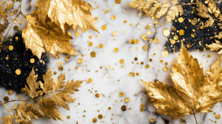 Autumn leaves in gold and sparkling confetti scatter across a smooth white marble surface creating a festive display.の素材