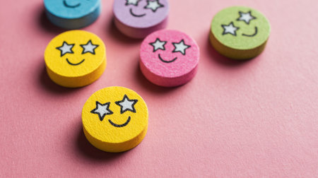 Colorful smiley faces with star eyes spread joy on a light pink surface perfect for celebrations.の素材