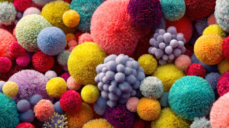 A collection of colorful fuzzy spheres fills the scene with texture and vibrancy creating a playful atmosphere.の素材